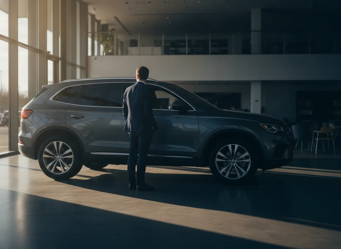 A car shopper looks over a gray SUV in a sunlit dealership showroom